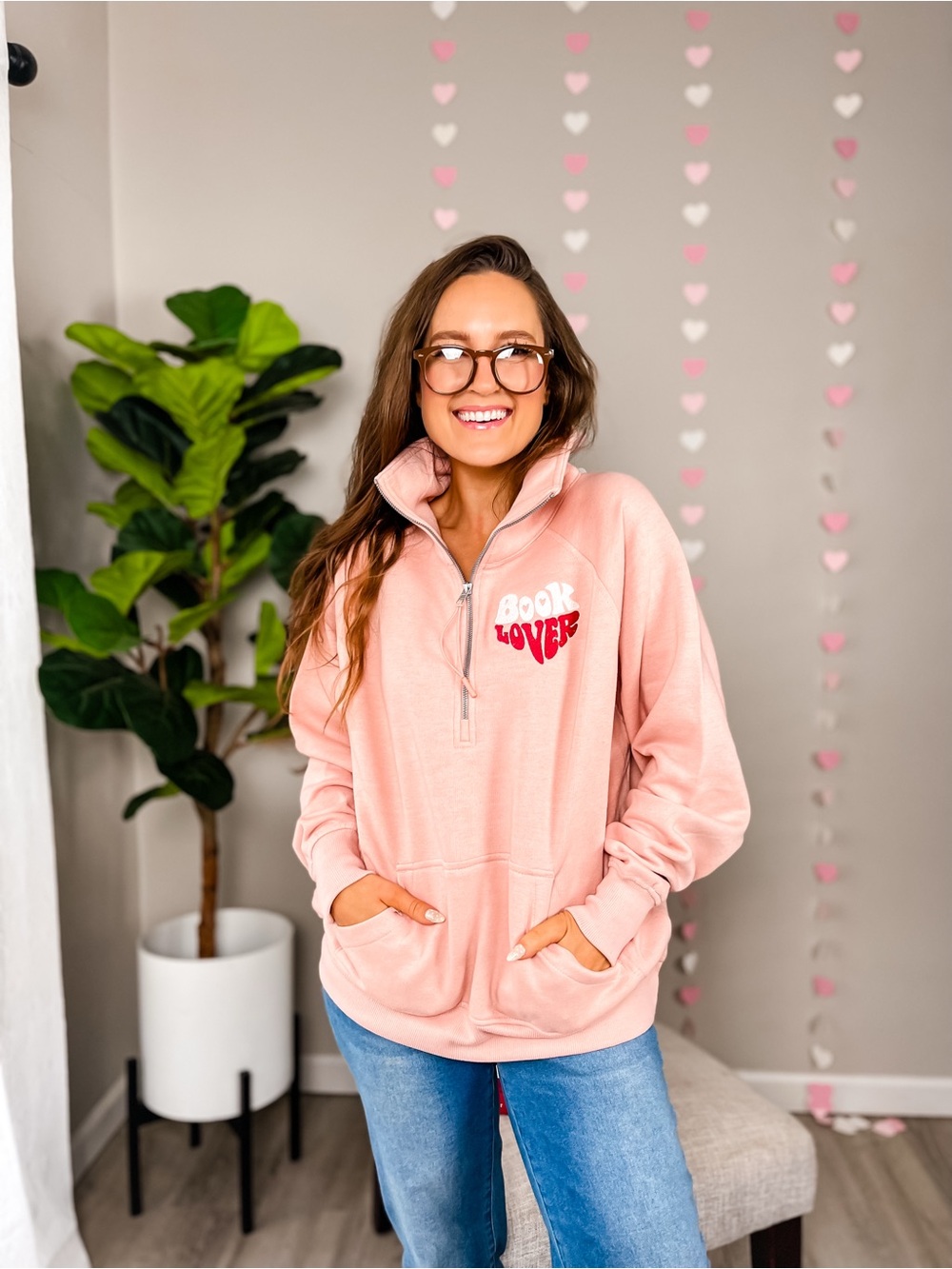 Book Lover Pink Half-Zip Cozy Sweater